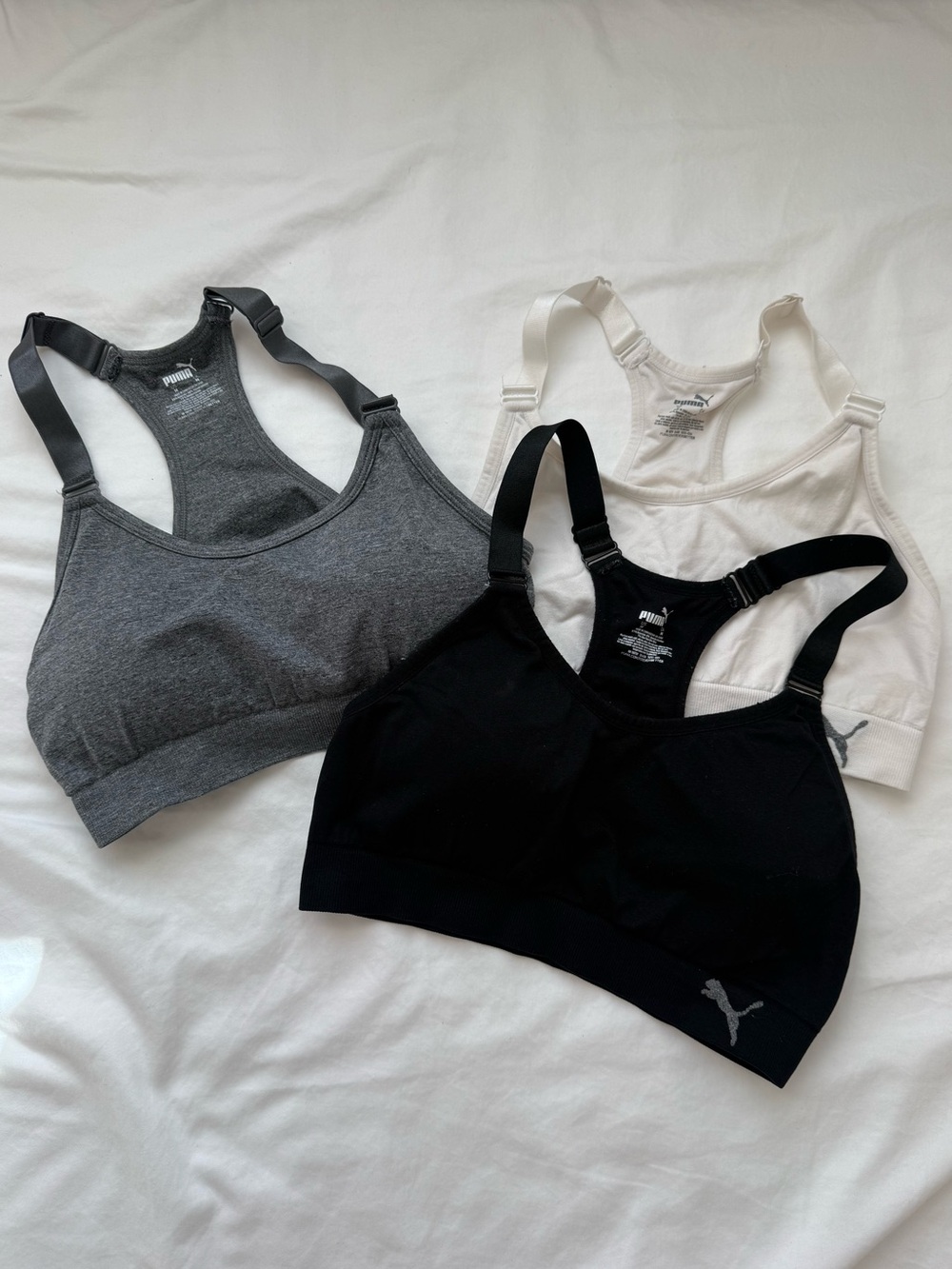 Puma Racerback Sports Bras Trio Bundle - Black, Gray & Ivory